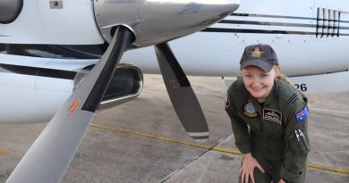 RAAF No. 32 Squadron pilot Flying Officer Wynona Winslett conducts her inspection aircraft walk-around ahead of a KA350 King Air flight during Exercise Bersama Shield 2022. Story by Lieutenant Geoff Long.