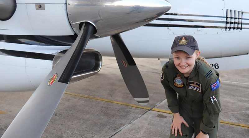 RAAF No. 32 Squadron pilot Flying Officer Wynona Winslett conducts her inspection aircraft walk-around ahead of a KA350 King Air flight during Exercise Bersama Shield 2022. Story by Lieutenant Geoff Long.