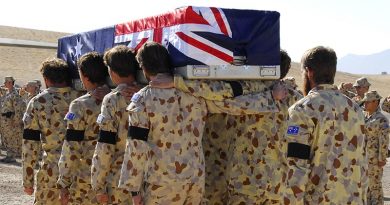 Australian soldiers from the Special Operations Task Group and Reconstruction Task Force farewell fallen comrade Private Luke Worsley during a ramp ceremony at their base in Uruzgan Province, southern Afghanistan on 27 November 2007. Photo by Captain Al Green.