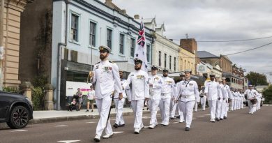 Commanding Officer of HMAS Maitland, Lieutenant Commander Jeremy Evain, leads the ship's company through the streets of Maitland, NSW, during the ship's final freedom of entry parade on April 2. Story by Lieutenant Gary McHugh. Photo by Leading Aircraftman Samuel Miller.