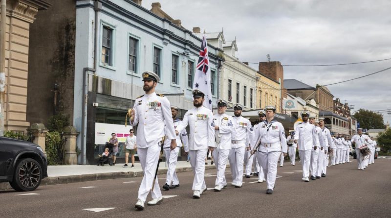 Commanding Officer of HMAS Maitland, Lieutenant Commander Jeremy Evain, leads the ship's company through the streets of Maitland, NSW, during the ship's final freedom of entry parade on April 2. Story by Lieutenant Gary McHugh. Photo by Leading Aircraftman Samuel Miller.