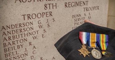 The medals of No. 252 Private Thomas Lowe, of Mitiamo, Victoria, in front of the 8th Light Horse Regiment panel at the Lone Pine Memorial, Gallipoli, on Anzac Day. Story by Lieutenant Anthony Martin. Photo by Corporal David Cotton.