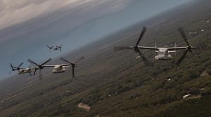US Marine Corps MV-22 Osprey of Marine Rotational Force-Darwin 22 fly in formation over Darwin during an administrative movement from Darwin Port to RAAF Base Darwin. US Marine Corps photo by Corporal Cedar Barnes.