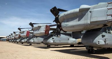 US Marine Corps MV-22 Osprey from Marine Medium Tiltrotor Squadron (VMM) 268 reinforced Air Combat Element of the Marine Rotational Force-Darwin 22 are staged for Department of Agriculture, Water and the Environment inspection at Darwin Port, NT after delivery by sea. US Marine Corps photo by Corporal Cameron Hermanet.