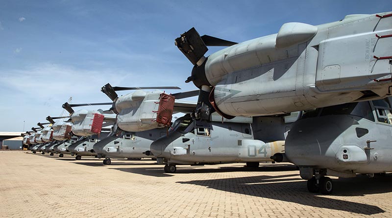 US Marine Corps MV-22 Osprey from Marine Medium Tiltrotor Squadron (VMM) 268 reinforced Air Combat Element of the Marine Rotational Force-Darwin 22 are staged for Department of Agriculture, Water and the Environment inspection at Darwin Port, NT after delivery by sea. US Marine Corps photo by Corporal Cameron Hermanet.