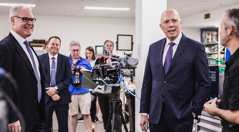 Defence Minister Peter Dutton chats with NIOA’s armoury manager Keith Grundy (right) and General Manager, Weapons and Munitions, Ben James at the company’s Brisbane headquarters. Photo supplied.