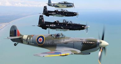 Air Force Heritage Flight aircraft the Spitfire (bottom of photo) and Avenger (top) flying in formation with Texans from the Central Flying School at Ohakea. NZDF photo.