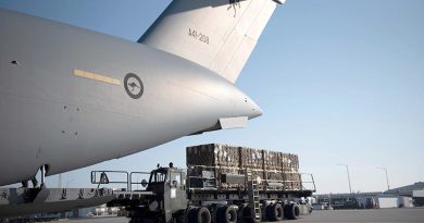 Pallets of Australian-supplied defensive military assistance supplies are off-loaded from an RAAF C-17A Globemaster III strategic airlift aircraft at a base 'somewhere in Europe' for on-forwarding to Ukraine. US Air Force photo.