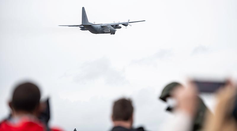 A Royal New Zealand Air Force C-130 Hercules departs Auckland for Europe. NZDF photo.