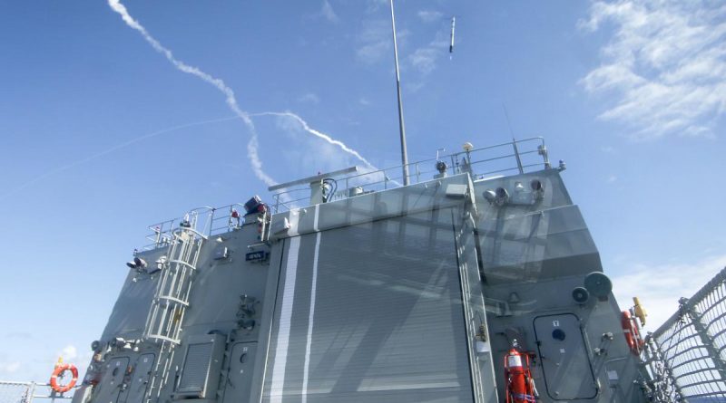 HMAS Perth launches the Nulka missile decoy system during the surface-to-air missile exercise during Exericise Rim of the Pacific.