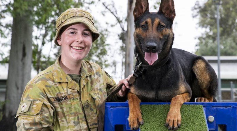 Private Hailey Lennon and Max at RAAF Security and Fire School, RAAF Base Amberley, Queensland. Story by Captain Evita Ryan. Photos by Leading Aircraftwoman Emma Schwenke.