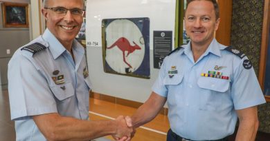 Officer Commanding of No. 92 Wing, Group Captain Paul Carpenter (left), officially hands over the P-3 Orion A9-754 memorial display to sergeants' mess committee chairman Warrant Officer Peter Christensen at RAAF Base Edinburgh in Adelaide. Story by Flight Lieutenant Claire Burnet.