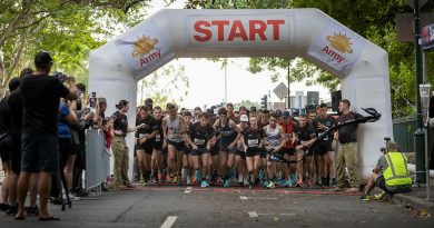 Australian Army soldiers start the 10km Run Army event in Brisbane on Sunday, 24 April 2022. Story by Major Mark Beretta. Photo by Corporal Sagi Biderman.