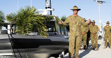 Chief of Army, Lieutenant General Rick Burr, AO, DSC, MVO, addresses 51st Battalion, Far North Queensland Regiment, personnel and invited guests during the commissioning of the new regional support craft ‘Kuursi’ on Thursday Island, Torres Strait Islands. Photo by Sergeant Tristan Kennedy.