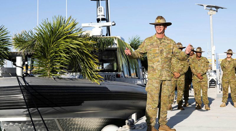 Chief of Army, Lieutenant General Rick Burr, AO, DSC, MVO, addresses 51st Battalion, Far North Queensland Regiment, personnel and invited guests during the commissioning of the new regional support craft ‘Kuursi’ on Thursday Island, Torres Strait Islands. Photo by Sergeant Tristan Kennedy.