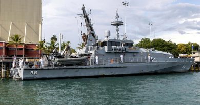 Personnel from HMAS Maitland line the upper decks to start the decommissioning ceremony at Larraykeyah Defence Precinct in Darwin on Thursday, 28 April 2022. Story by Lieutenant Gordon Carr-Gregg. Photo by Corporal Rodrigo Villablanca.