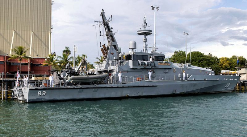 Personnel from HMAS Maitland line the upper decks to start the decommissioning ceremony at Larraykeyah Defence Precinct in Darwin on Thursday, 28 April 2022. Story by Lieutenant Gordon Carr-Gregg. Photo by Corporal Rodrigo Villablanca.