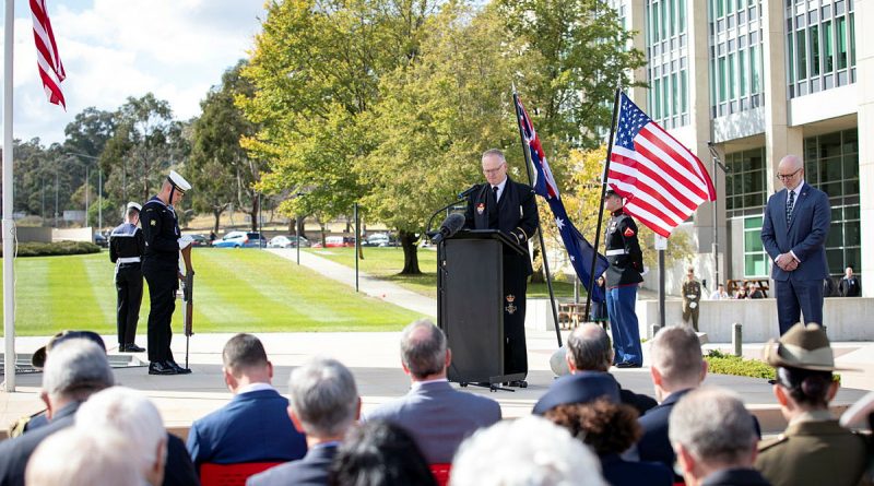 Royal Australian Navy Principal Chaplain Andrew Lewis gives the ‘Blessing’ during the Battle of Coral Sea 80th anniversary commemoration service at Russell Offices in Canberra. Photo by Nicole Mankowski.