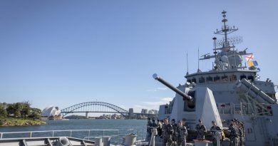 HMAS Parramatta during its departure from Fleet Base East, NSW. Story by Lieutenant Gary McHugh. Photo by Leading Seaman Leo Baumgartner.