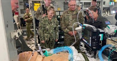 US Indo-Pacific Command Command Surgeon Rear Admiral Pamela Miller and Major General Michael Place watch a capability demonstration of the No. 3 Aeromedical Evacuation Squadron C-17 patient evacuation platform at RAAF Base Amberley in Queensland. Story by Ayesha Inoon.