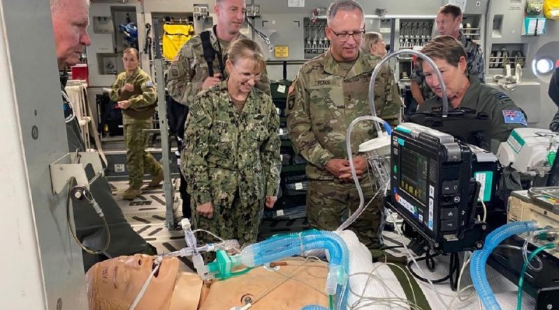 US Indo-Pacific Command Command Surgeon Rear Admiral Pamela Miller and Major General Michael Place watch a capability demonstration of the No. 3 Aeromedical Evacuation Squadron C-17 patient evacuation platform at RAAF Base Amberley in Queensland. Story by Ayesha Inoon.