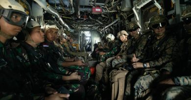 Forces from Australia, the US and Indonesia conduct airfield reconnaissance and assessments in an MV-22 Osprey during Exercise Crocodile Response in Nhulunbuy. Story by Lieutenant Gordon Carr-Gregg. Photo by Corporal Cameron Hermanet.