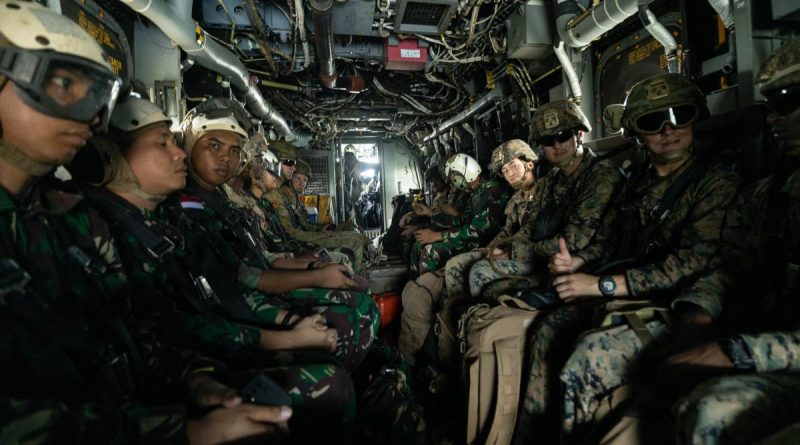 Forces from Australia, the US and Indonesia conduct airfield reconnaissance and assessments in an MV-22 Osprey during Exercise Crocodile Response in Nhulunbuy. Story by Lieutenant Gordon Carr-Gregg. Photo by Corporal Cameron Hermanet.