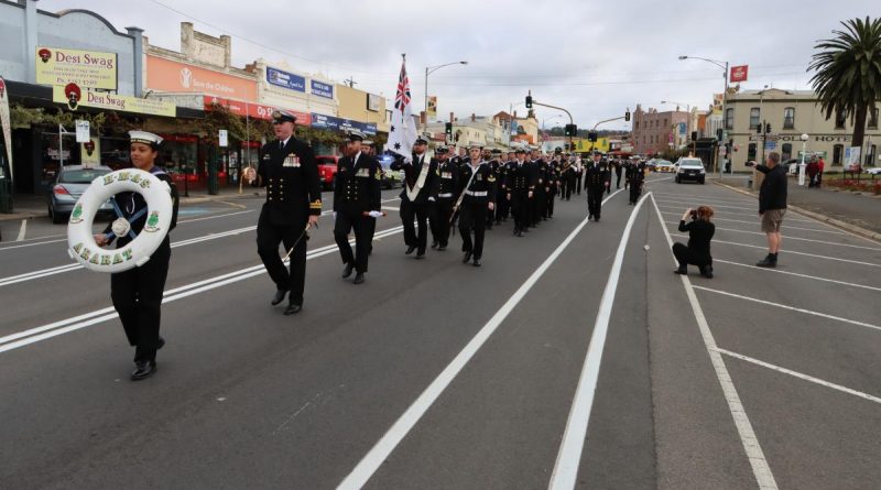 Personnel from HMAS Ararat march through Ararat in Victoria. Story by Lieutenant Gary McHugh. Photo by Ararat Advocate.