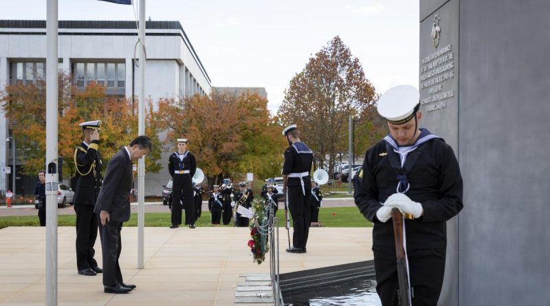 Japanese Ambassador to Australia, Yamagami Shingo, lays a wreath during the Battle of Coral Sea 80th anniversary commemorative service at Russell Offices in Canberra. Story by Lieutenant Gordon Carr-Gregg. Photo by Nicole Mankowski.