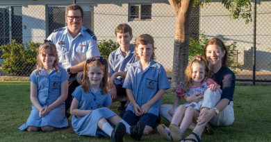 Air Force Flying Officer Scott Wilson and his wife Sarah with their five children in Darwin. Story by Warrant Officer Class Two Max Bree.