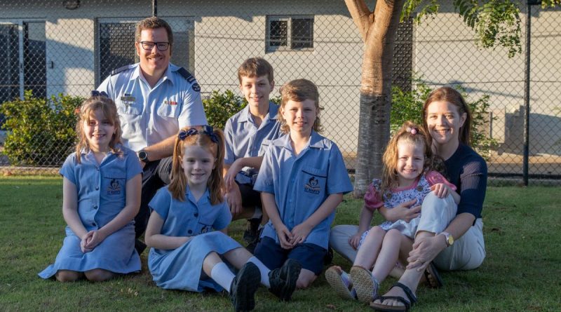 Air Force Flying Officer Scott Wilson and his wife Sarah with their five children in Darwin. Story by Warrant Officer Class Two Max Bree.