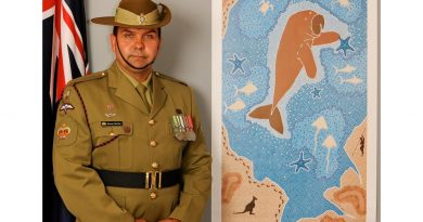 Then Warrant Officer Class 2 Darren Moffitt with his artwork titled “The Salute”. It depicted a dugong as the centrepiece was created for the Royal Australian Navy’s centenary in 2011. It told the story of Indigenous service and connection to Navy. Story by Warrant Officer Class Two Max Bree.
