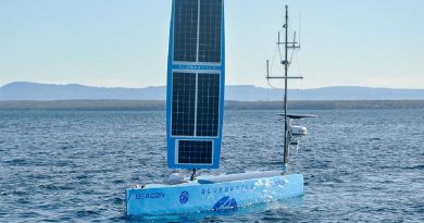 The Bluebottle uncrewed surface vehicle from Ocius Technology Ltd operates in the waters of Jervis Bay during Exercise Autonomous Warrior 22. Story by Lieutenant Commander Andrew Herring. Photo by Nicole Mankowski.