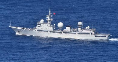 People’s Liberation Army-Navy (PLA-N) intelligence-collection vessel Haiwangxing operating off the north-west shelf of Australia. Official Defence image.