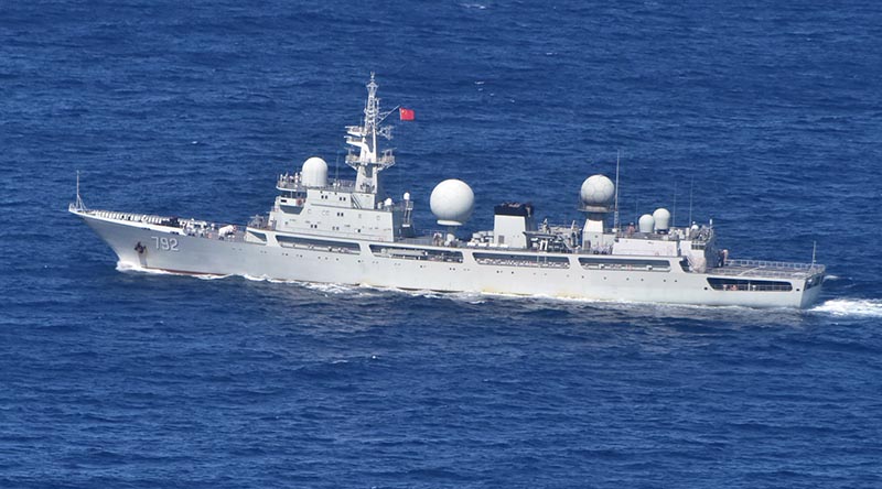 People’s Liberation Army-Navy (PLA-N) intelligence-collection vessel Haiwangxing operating off the north-west shelf of Australia. Official Defence image.