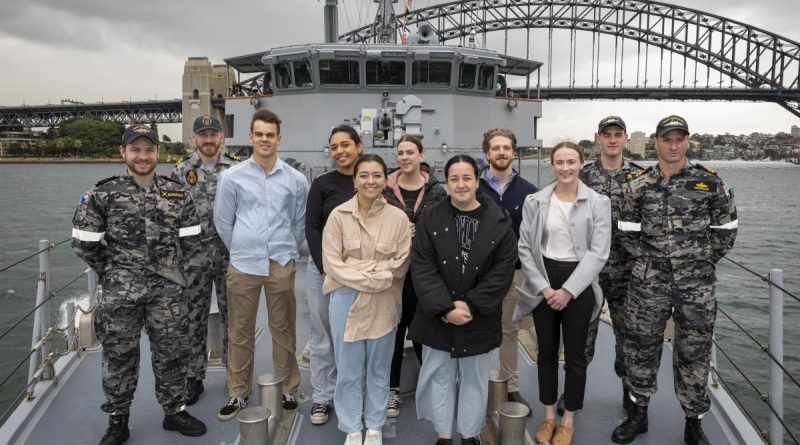 Defence Force Recruiting candidates with Navy personnel on board HMAS Gascoyne during a cruise around Sydney Harbour as part of the Sea Power 2022 conference program. Story by Angus Pagett.