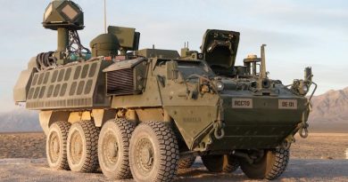 A 50 kilowatt-class laser mounted on a US Army Stryker vehicle during a live-fire exercise at White Sands Missile Range, New Mexico. Photo courtesy US Army.