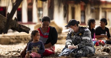 Lieutenant Commander Makaila Lasalo, right, talks with Nomuka Island residents during Operation Tonga Assist 2022. Story by Sergeant Matthew Bickerton. Photo by Leading Seaman Daniel Goodman.