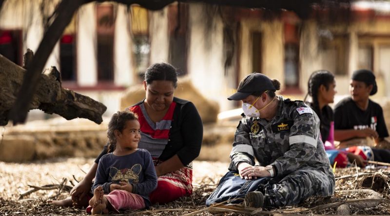 Lieutenant Commander Makaila Lasalo, right, talks with Nomuka Island residents during Operation Tonga Assist 2022. Story by Sergeant Matthew Bickerton. Photo by Leading Seaman Daniel Goodman.