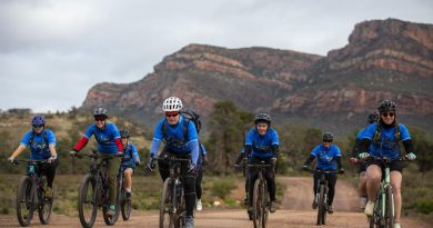 The Women's Integrated Networking Group 'WINGs in the Eyre 22’ cyclists ride with the Flinders Rangers backdrop during the inaugural adventure-networking expedition. Story by Corporal Melina Young.