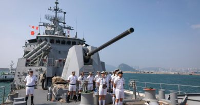 HMAS Parramatta arrives at Busan Naval Base during her visit to the Republic of Korea while conducting a regional presence deployment. Photo by Leading Seaman Leo Baumgartner.