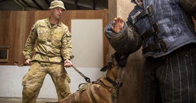 Private Carson Gardiner and Military Police Dog Petra from the 1st Military Police Battalion conduct a building clearance exercise at RAAF Security and Fire School, RAAF Base Amberley, Queensland. Story by Captain Evita Ryan. Photo by Leading Aircraftwoman Emma Schwenke.