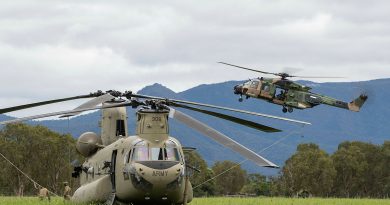 Australian Army MRH90 Taipan from the 5th Aviation Regiment prepares to land behind the CH-47F Chinook during Exercise Vigilant Scimitar at Ingham Airport, Queensland. Story by Captain Carolyn Barnett. Photo by Corporal Jarrod McAneney.