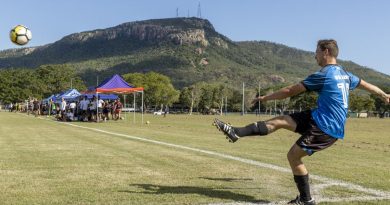 Army soldier Trooper Harrison Hinson from the 3rd Brigade soccer team during a soccer match between the 3rd Brigade and USS Ashland. Story by Captain Diana Jennings. Photo by Corporal Brodie Cross.