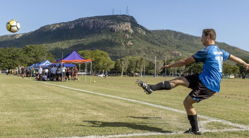 Army soldier Trooper Harrison Hinson from the 3rd Brigade soccer team during a soccer match between the 3rd Brigade and USS Ashland. Story by Captain Diana Jennings. Photo by Corporal Brodie Cross.