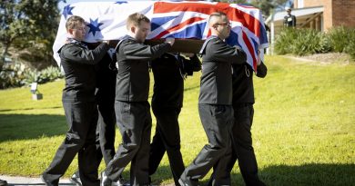 Royal Australian Navy pallbearers carry the casket after the Service Funeral for Rear Admiral (retd) Geoffrey James Alexander Bayliss, held at HMAS Watson Chapel, Sydney. Photo by Able Seaman Susan Mossop.