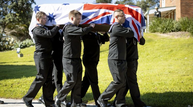 Royal Australian Navy pallbearers carry the casket after the Service Funeral for Rear Admiral (retd) Geoffrey James Alexander Bayliss, held at HMAS Watson Chapel, Sydney. Photo by Able Seaman Susan Mossop.