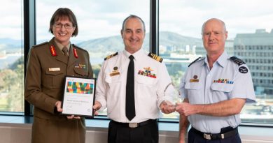 Vice Chief of the Defence Force Vice Admiral David Johnston, centre, presents award to Major General Kathryn Toohey, left, and Deputy Director Defence Lessons Wing Commander Alan Hunter. Story by Leading Seaman Kylie Jagiello. Photo by Jay Cronan.