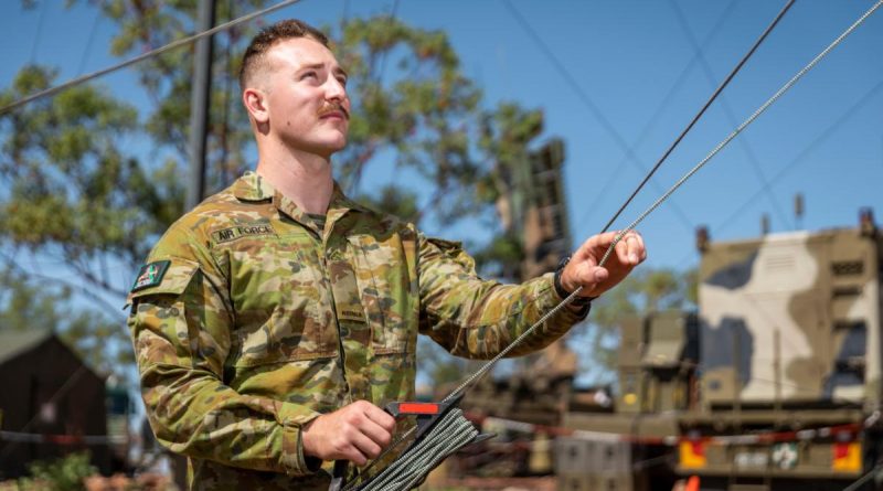 Aircraftman Samuel Forsberg from No. 3 Control and Reporting Unit, checks the AN/TPS-77 Tactical Air Defence Radar System antennas at Timber Creek during Exercise Diamond Storm 2022. Story by Flight Lieutenant Robert Hodgson. Photo by Leading Aircraftman Samuel Miiller.