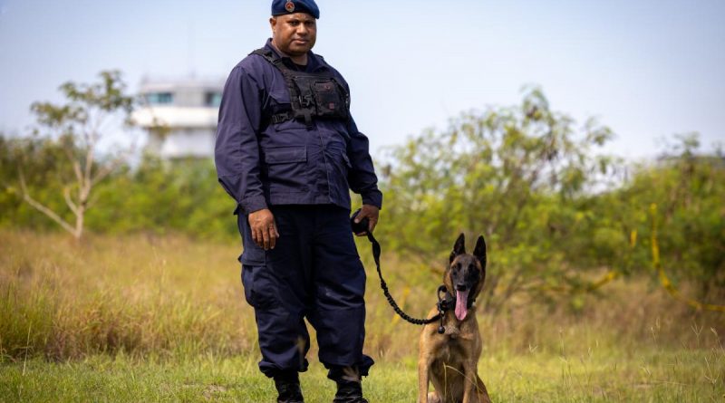 Senior Constable Adrien Lamu and working dog Nym from the RPNGC K-9 unit prepare to board a RAAF C-27J Spartan as part of Operation Kimba. Story by Lieutenant Geoff Long. Photo by Corporal Jonathan Goedhart.